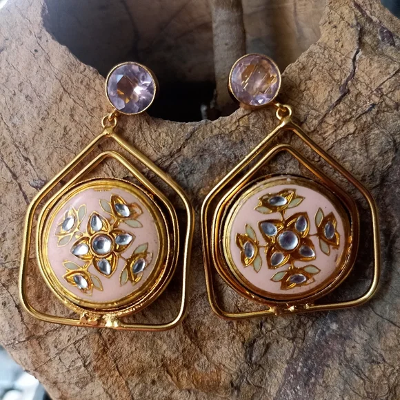 Handmade gold platted stone studded enameled drop earrings - Picture 9 of 10